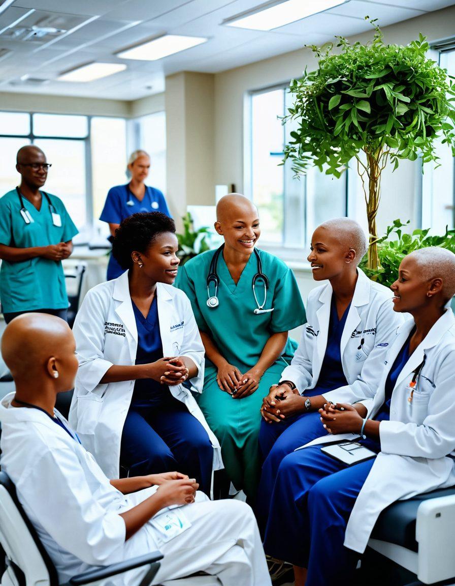A bright and inspiring scene depicting a diverse group of cancer patients and healthcare professionals collaborating in a modern clinic. Showcase cutting-edge technology like advanced medical equipment and digital interfaces that symbolize innovation in cancer treatment. Include supportive elements such as awareness ribbons and plants for healing environments. The atmosphere should radiate hope and empowerment. super-realistic. vibrant colors. peaceful setting.