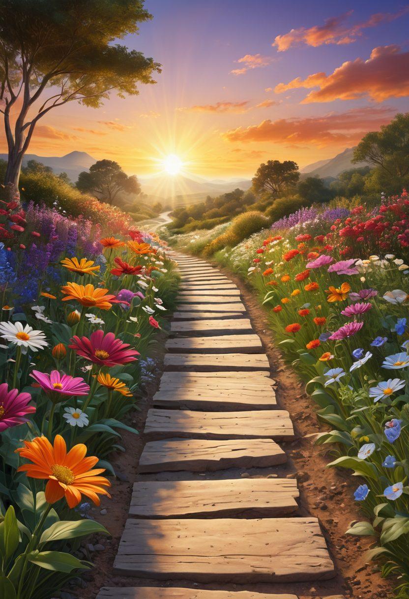 A serene landscape depicting a path symbolizing a journey, with vibrant flowers representing hope and support along the sides. Include abstract icons of innovative resources, like digital tools and community support networks floating gently above the path. The sun is rising in the background, signifying new beginnings and encouragement. Use warm, comforting colors to evoke a sense of peace and resilience. super-realistic. vibrant colors. inspirational theme.