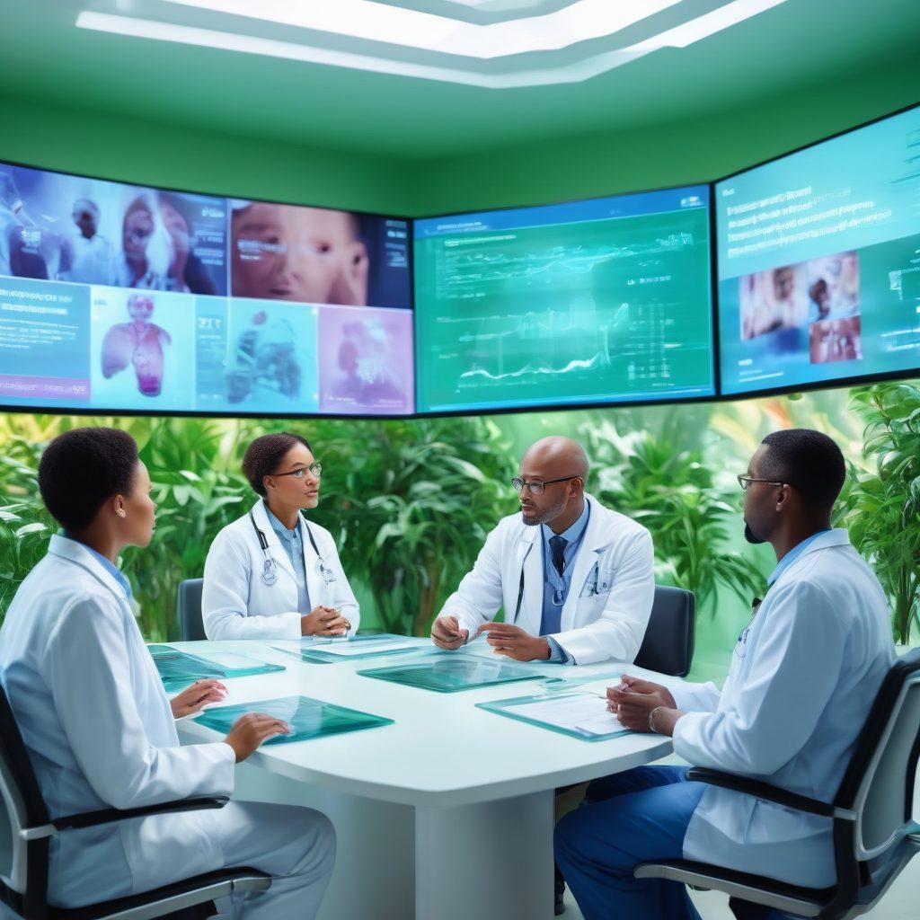 A close-up of a diverse group of patients and healthcare professionals engaged in a lively discussion in a modern clinic, surrounded by floating holographic screens displaying medical research data and cancer care statistics. The room is bright and inviting, symbolizing hope and empowerment, with green plants in the background promoting a healing environment. Super-realistic. vibrant colors. bright background.